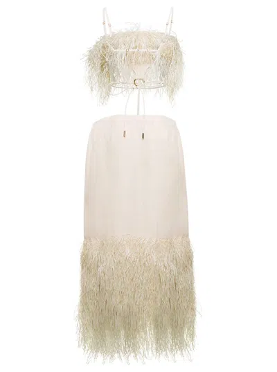 Shop Jacquemus 'la Robe Raphia' Midi Cream White Dress With Fringes And Cut-out In Cotton Canvas Woman