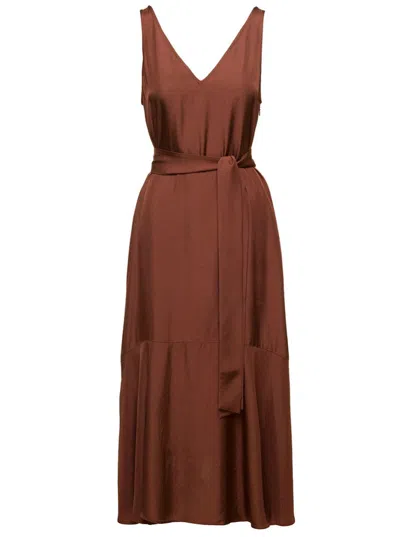 Shop Ivy & Oak 'nele' Brown Midi Dress With Belt And Flounced Skirt In Acetate Woman