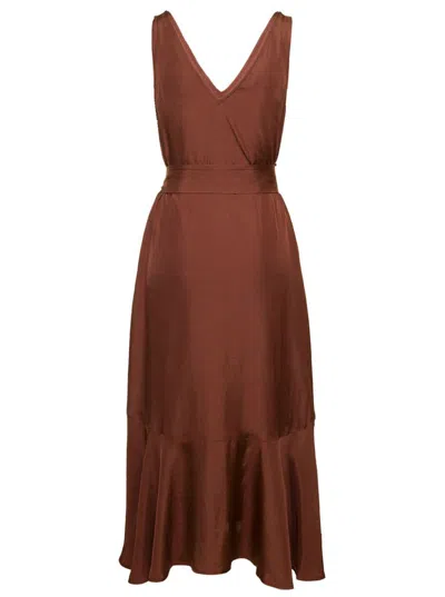 Shop Ivy & Oak 'nele' Brown Midi Dress With Belt And Flounced Skirt In Acetate Woman
