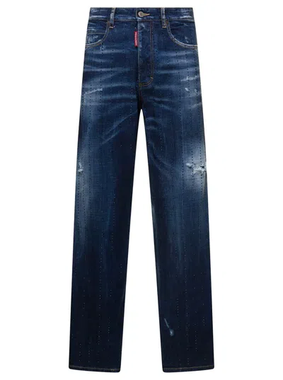 Shop Dsquared2 'san Diego' Blue Jeans With Destroyed Detailing And All-over Rhinestones In Stretch Cotton Denim Wom
