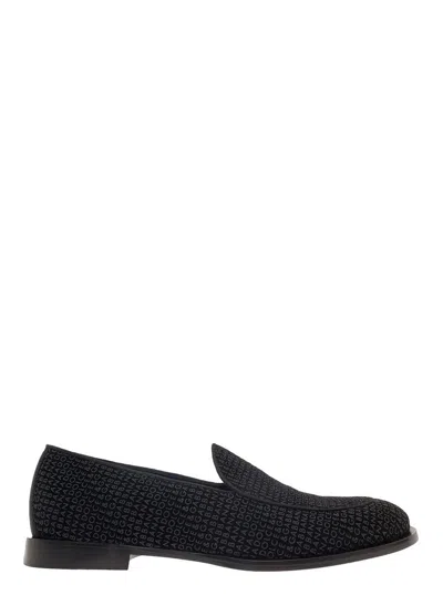Shop Dolce & Gabbana 'vivaldi' Black Loafers With All-over Logo Lettering In Velvet Man