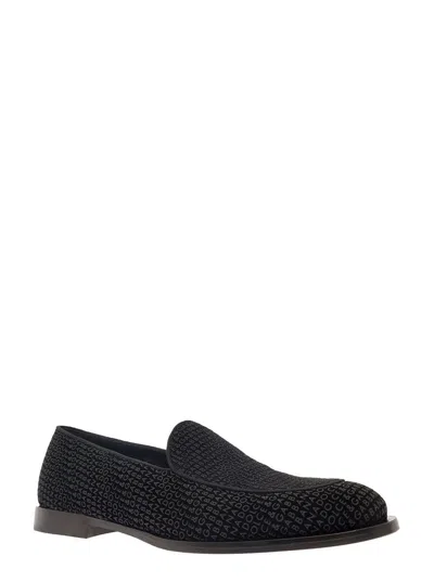 Shop Dolce & Gabbana 'vivaldi' Black Loafers With All-over Logo Lettering In Velvet Man