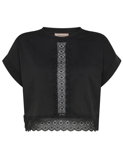 Shop Twinset Short-cut Cotton T-shirt With Lace In Black
