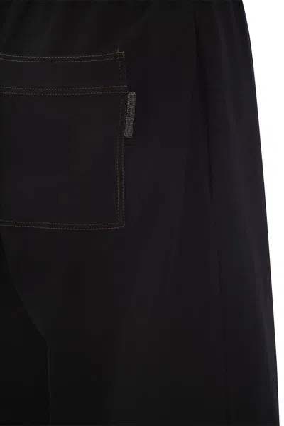 Shop Brunello Cucinelli Light Stretch Cotton Fleece Trousers With Shiny Tab In Black