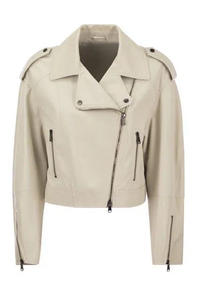Shop Brunello Cucinelli Nappa Leather Biker With Shiny Details In Chalk