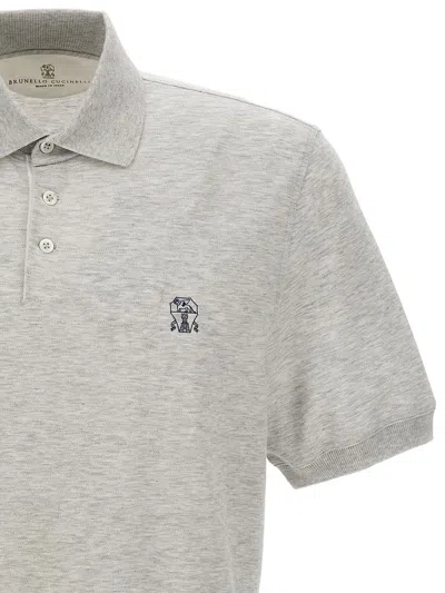 Shop Brunello Cucinelli Logo Print Polo Shirt In Gray