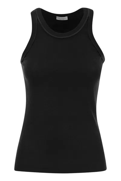 Shop Brunello Cucinelli Stretch Cotton Ribbed Jersey Top With Satin Trims In Black