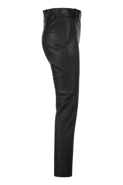 Brunello Cucinelli Women Stretch Nappa Leather Square Cigarette Trousers With Jewellery In Black