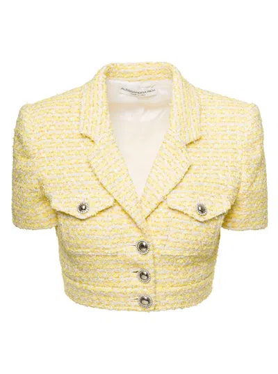 Shop Alessandra Rich Cropped Jacket With Pockets And Silver Buttons In Tweed Lurex Yellow Woman