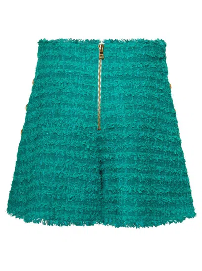 Shop Balmain Green Shorts High Waist With Pinces And Fringed Hem In Tweed Woman