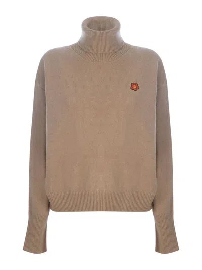 Kenzo Boke Flower-embroidered Wool Jumper In Camel