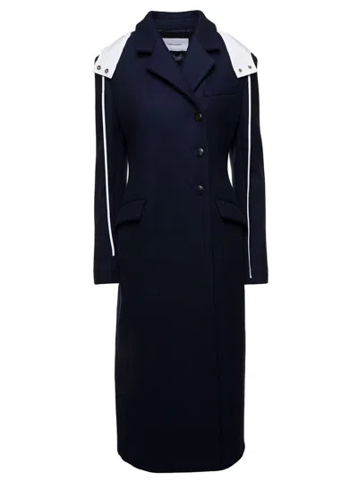 Ferragamo Long Blue Coat With Contrasting Detachable Hood In Wool Woman In Blu