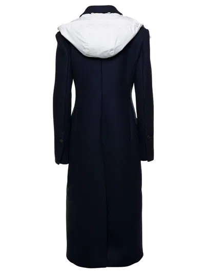 Ferragamo Long Blue Coat With Contrasting Detachable Hood In Wool Woman In Blu