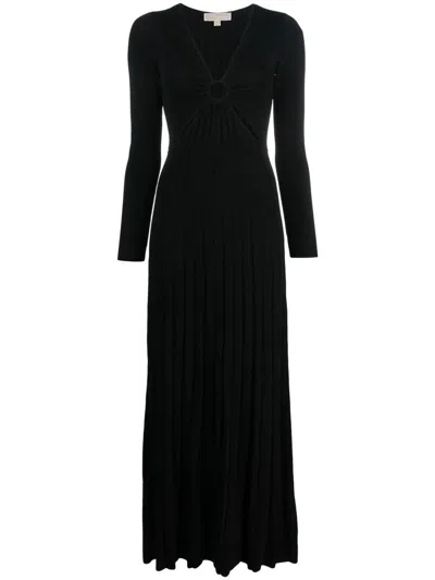 Shop Michael Kors Long Pleated Dress With Ring And Cut-out Detail In Viscose Blend Woman In Black