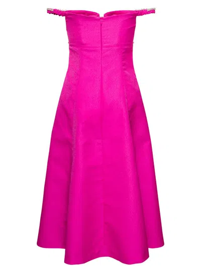 Shop Self-portrait Off-shoulder Flared Midi Dress With Crystal Embellished Detailing In Pink Satin Woman In Fuxia