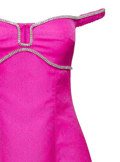 Shop Self-portrait Off-shoulder Flared Midi Dress With Crystal Embellished Detailing In Pink Satin Woman In Fuxia