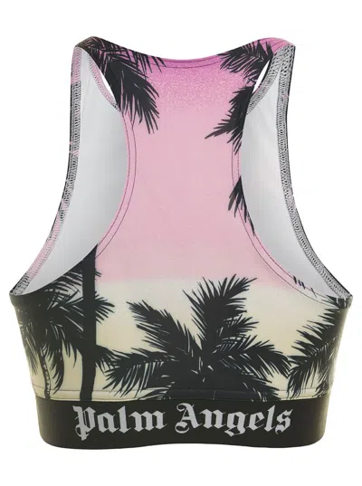 Shop Palm Angels Pink Sports Bra With All-over Graphic Print And Elastic Band In Stretch Fabric Woman In Multicolor
