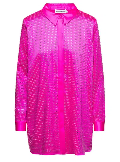 Shop Self-portrait Shirt With All-over Crystal Embellishment In Fuchsia Satin Woman In Fuxia
