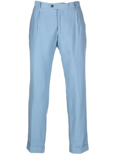 Shop Reveres 1949 Straight Leg Tailored Trousers With Pressed Crease In Light-blue Viscose Man