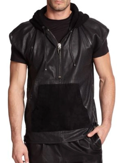 Giuseppe Zanotti Perforated Short-sleeve Leather Hoodie In Black