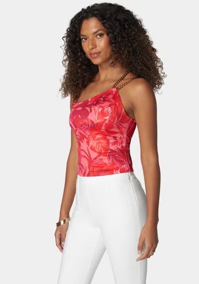 Bebe Printed Asymmetric Chain Knit Top In Raspberry Tropics Print