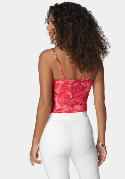 Bebe Printed Asymmetric Chain Knit Top In Raspberry Tropics Print