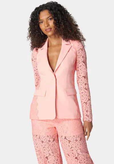 Shop Bebe Lace Combo Tailored Jacket In Apricot Blush