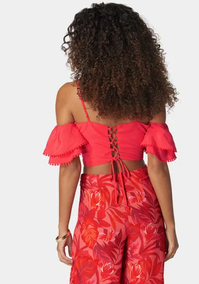 Shop Bebe Tie Back Ruffle Trim Detail Top In Hibiscus