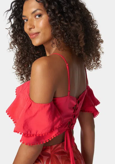 Shop Bebe Tie Back Ruffle Trim Detail Top In Hibiscus