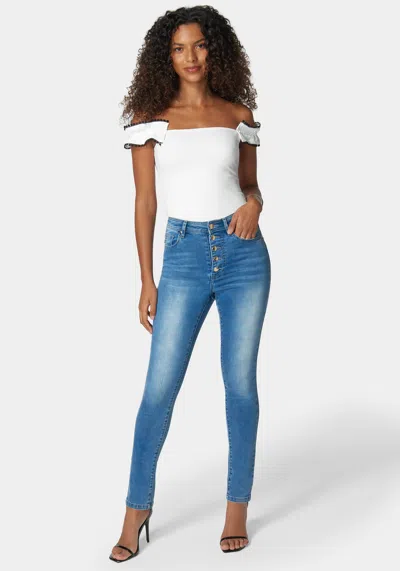 Bebe Skinny High Waist Denim With Multi Front Buttons In Medium Sky Blue