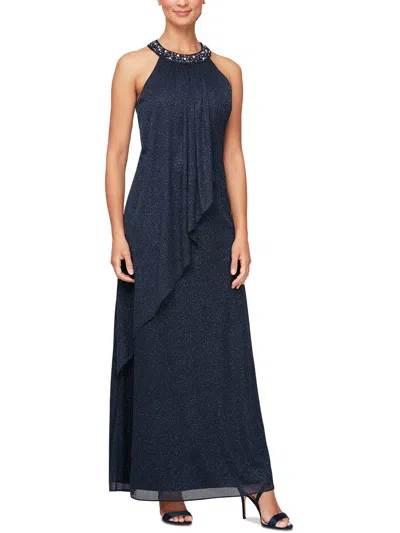 Shop Slny Petites Womens Overlay Long Evening Dress In Blue