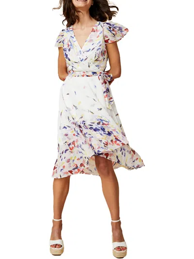 Shop Dkny Petites Womens Faux-wrap Midi Wrap Dress In Multi