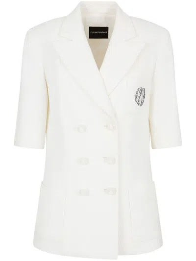 Shop Emporio Armani Cotton Tweed Blazer Jacket In White