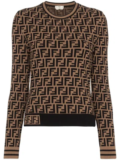 Shop Fendi Ff Crewneck Sweater In Brown