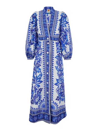 Shop Farm Rio White And Blue Maxi Dress With Floral Print In Techno Fabric Woman In Multicolor