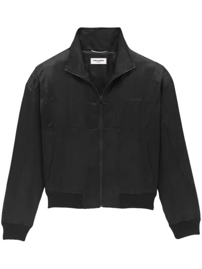 Shop Saint Laurent Logo Satin Bomber Jacket In Black