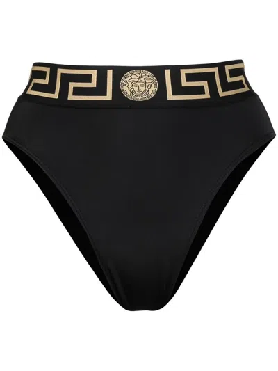 Shop Versace Greca High-waisted Bikini Briefs In Black