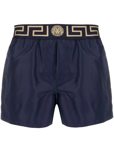 Shop Versace Greca Trim Swim Shorts In Blue