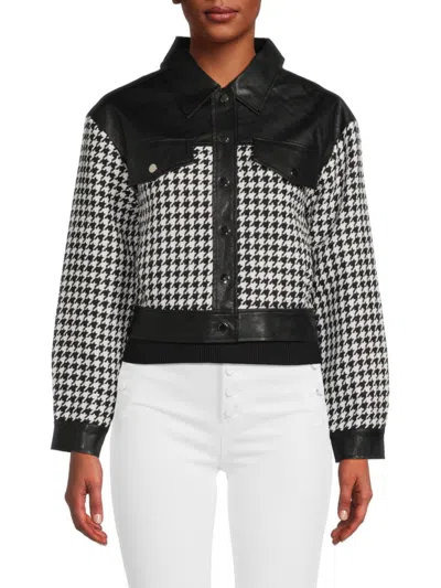 Shop Wdny Women's Houndstooth Faux Leather Cropped Jacket In Black White