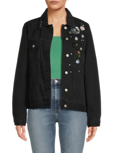 Shop Lea & Viola Women's Embroidered Denim Jacket In Black