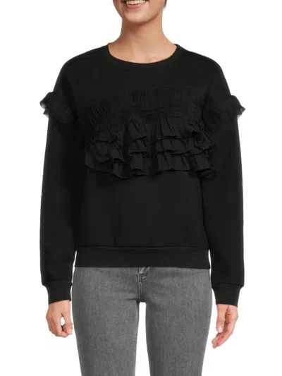 Shop Lea & Viola Women's Ruffle Trim Sweatshirt In Black