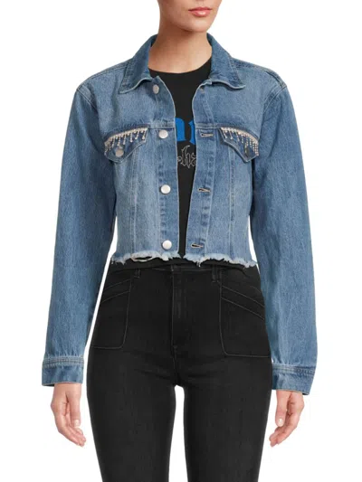 Shop Lea & Viola Women's Denim Embellished Crop Jacket In Blue