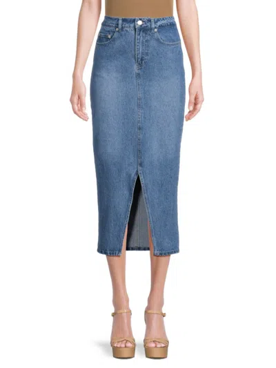 Shop Lea & Viola Women's Faded Slit Denim Midi Skirt In Blue