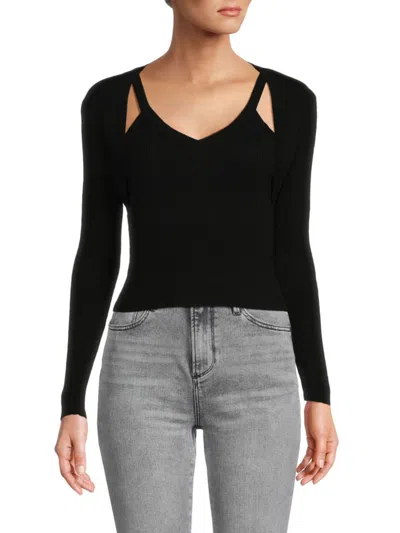 Shop Lea & Viola Women's Ribbed Twofer Sweater In Black
