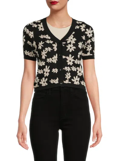 Shop Lea & Viola Women's Floral Textured Cropped Cardigan In Black Cream