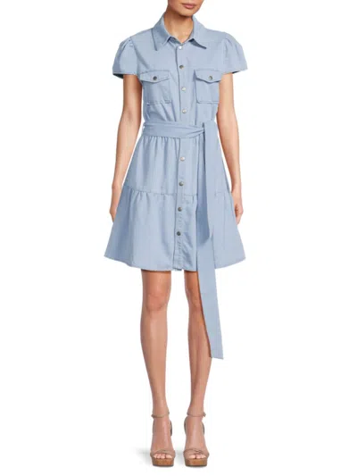 Shop Lea & Viola Women's Belted Puff Sleeve Mini Denim Dress In Light Wash