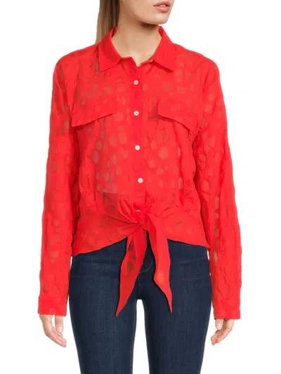 Shop Patrizia Luca Women's Dotted Tie Front Button Blouse In Coral