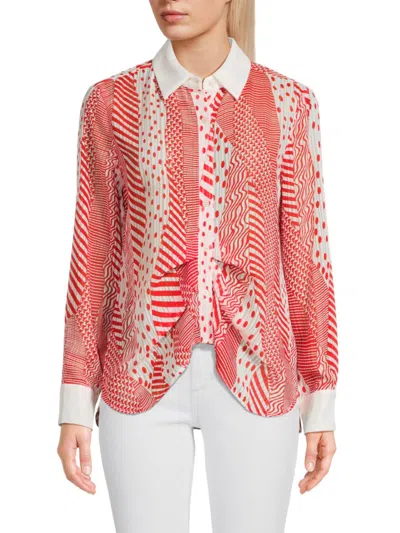 Shop Patrizia Luca Women's Striped & Dotted Button Up Shirt In Red