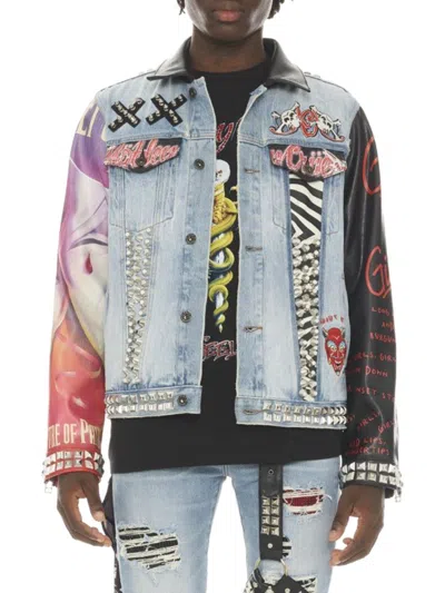 Shop Cult Of Individuality Men's Graphic Studded Denim Jacket In Blue