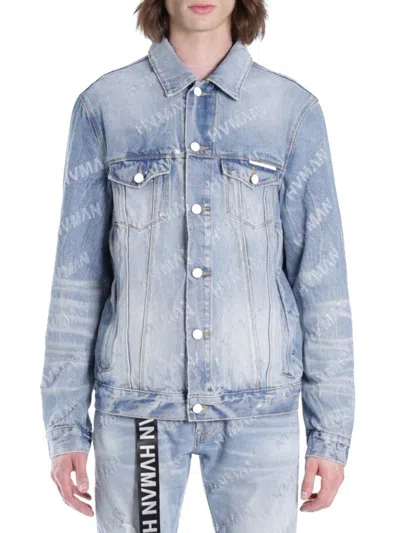 Hvman Triangle Denim Logo Trucker Jacket In Acid Blue